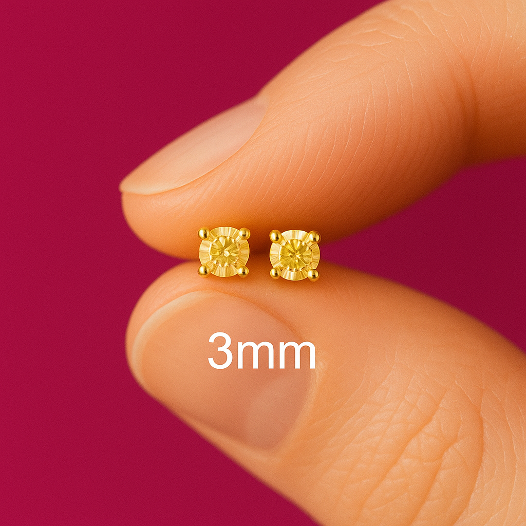 Champagne Zirconia Round Stud Earrings | Sterling Silver 14k Gold Plated 3mm