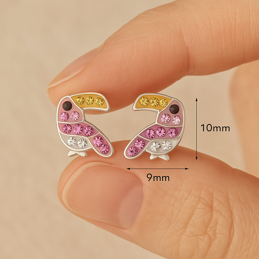 Pink Toucan Stud Earrings | Sterling Silver Crystal