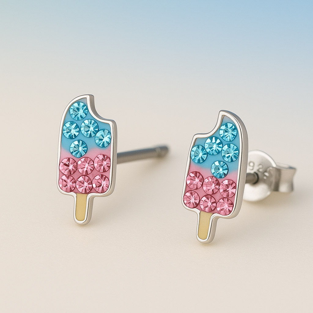 Pair of ice cream-shaped earrings decorated with pink and blue rhinestones.