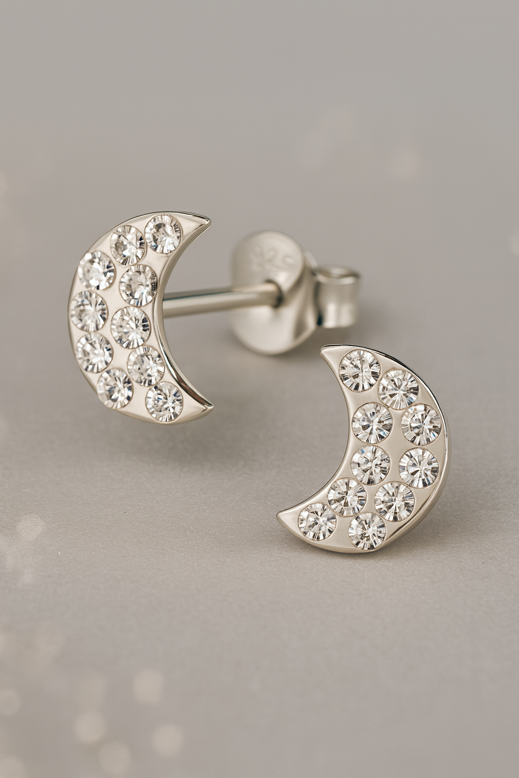 Silver Crescent Moon Stud Earrings | Sterling Silver Crystal