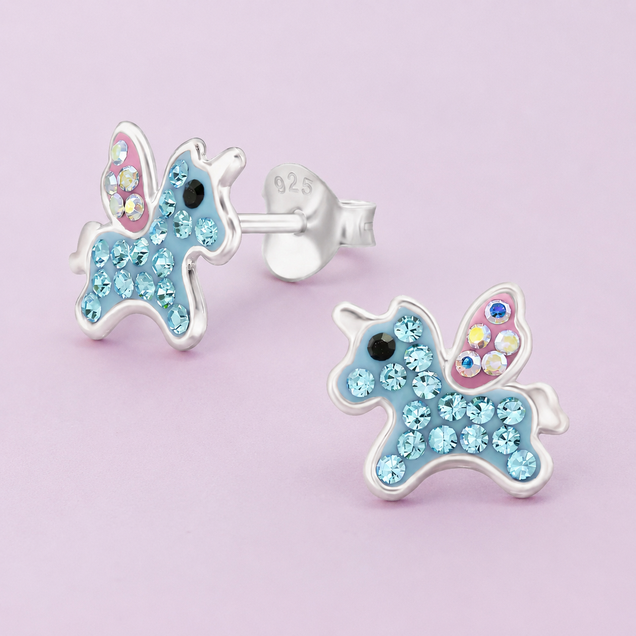 Sterling Silver Blue Iridescent Crystal Unicorn Stud Earrings