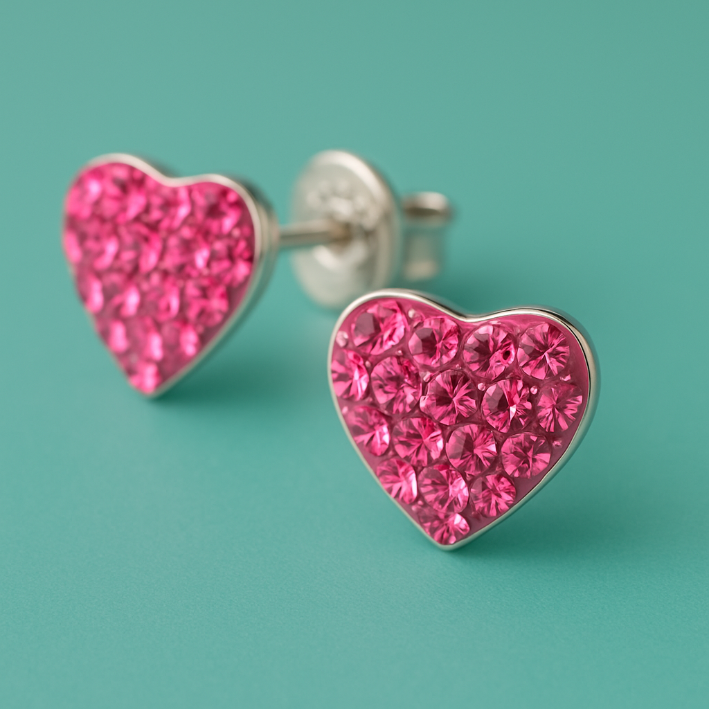 Pink heart-shaped earrings with pink rhinestones on a teal background.