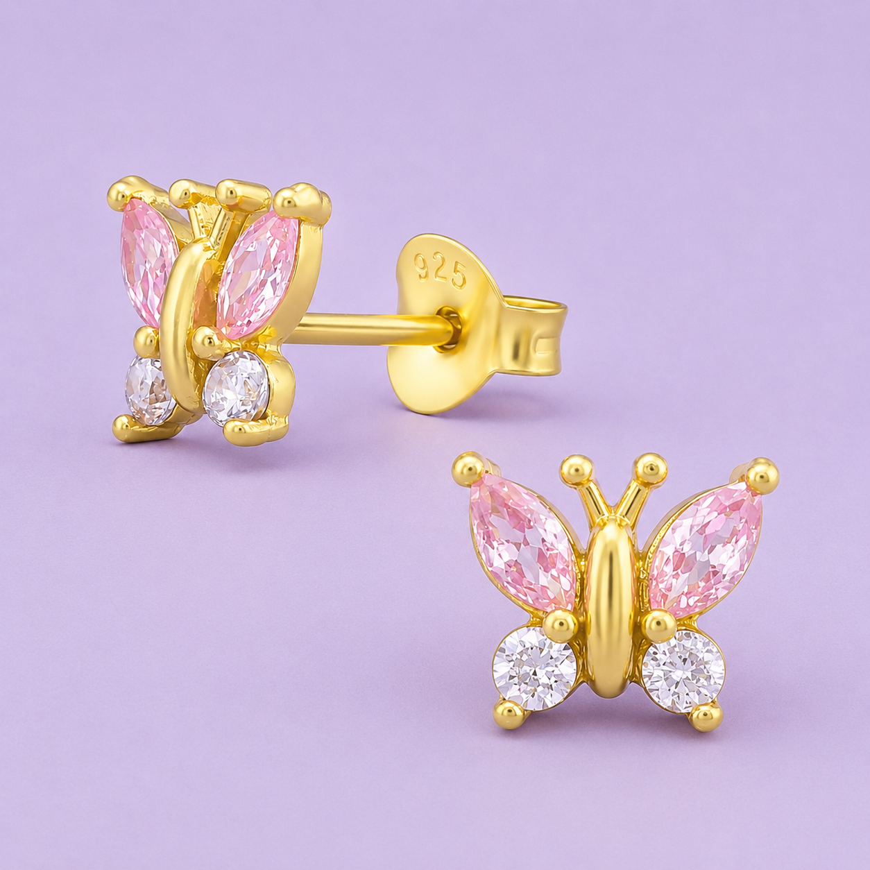 Tiny Butterfly Pink & Clear Zirconia Stud Earrings