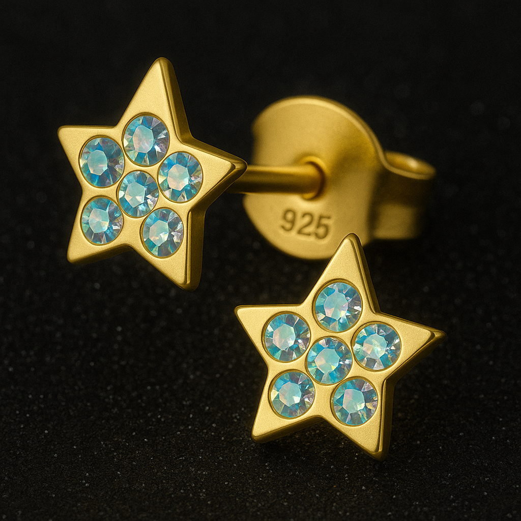 14k Gold Star Plated Stud Earrings | Sterling Silver Iridescent Crystals
