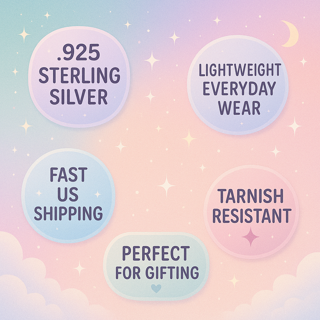 Advertisement with pastel-colored background featuring five circles with text about sterling silver jewelry, shipping, and gift-giving. The circles state '.925 Sterling Silver,' 'Lightweight Everyday Wear,' 'Fast US Shipping,' 'Tarnish Resistant,' and 'Perfect for Gifting.'