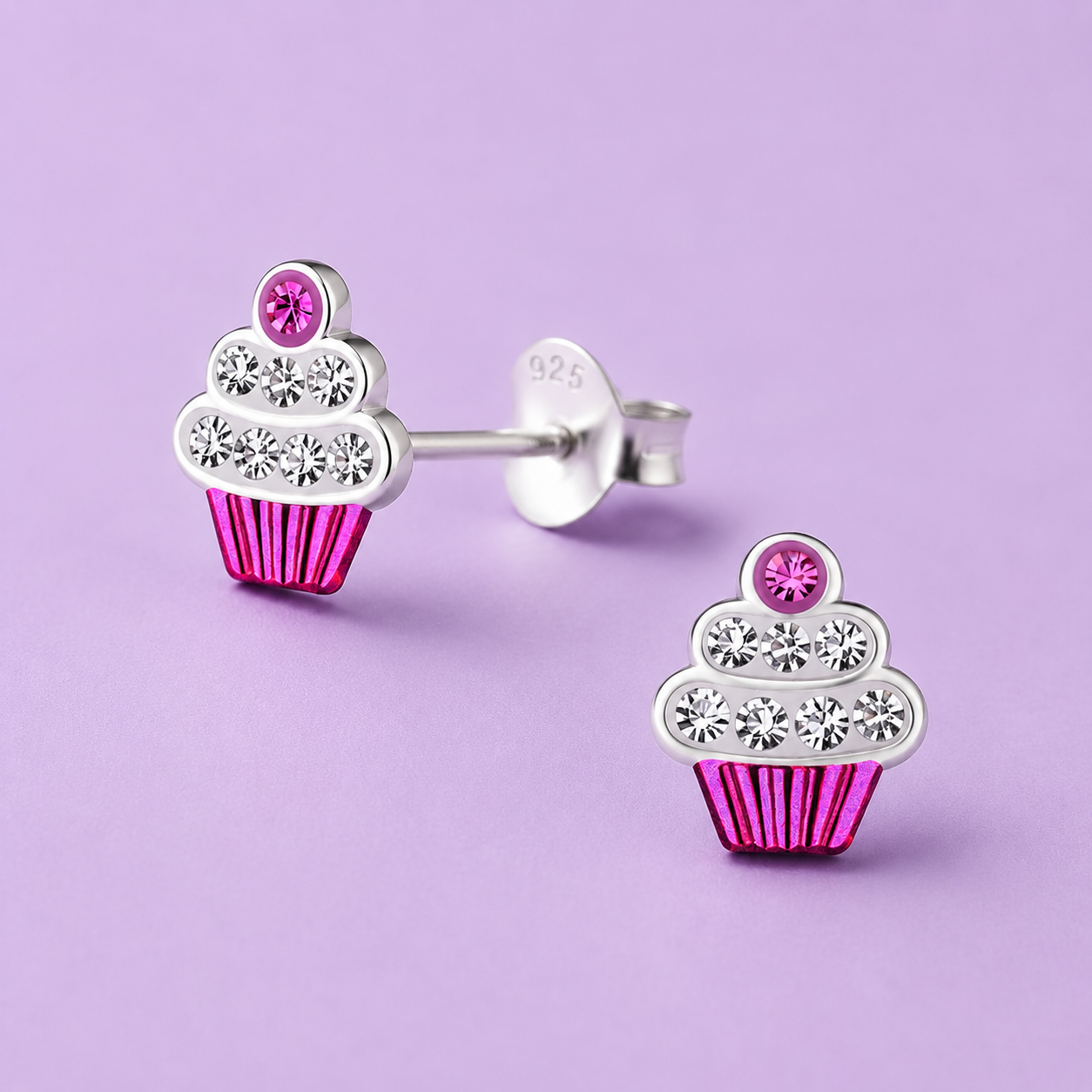 Pink Crystal Top Cupcake Stud Earrings | Sterling Silver