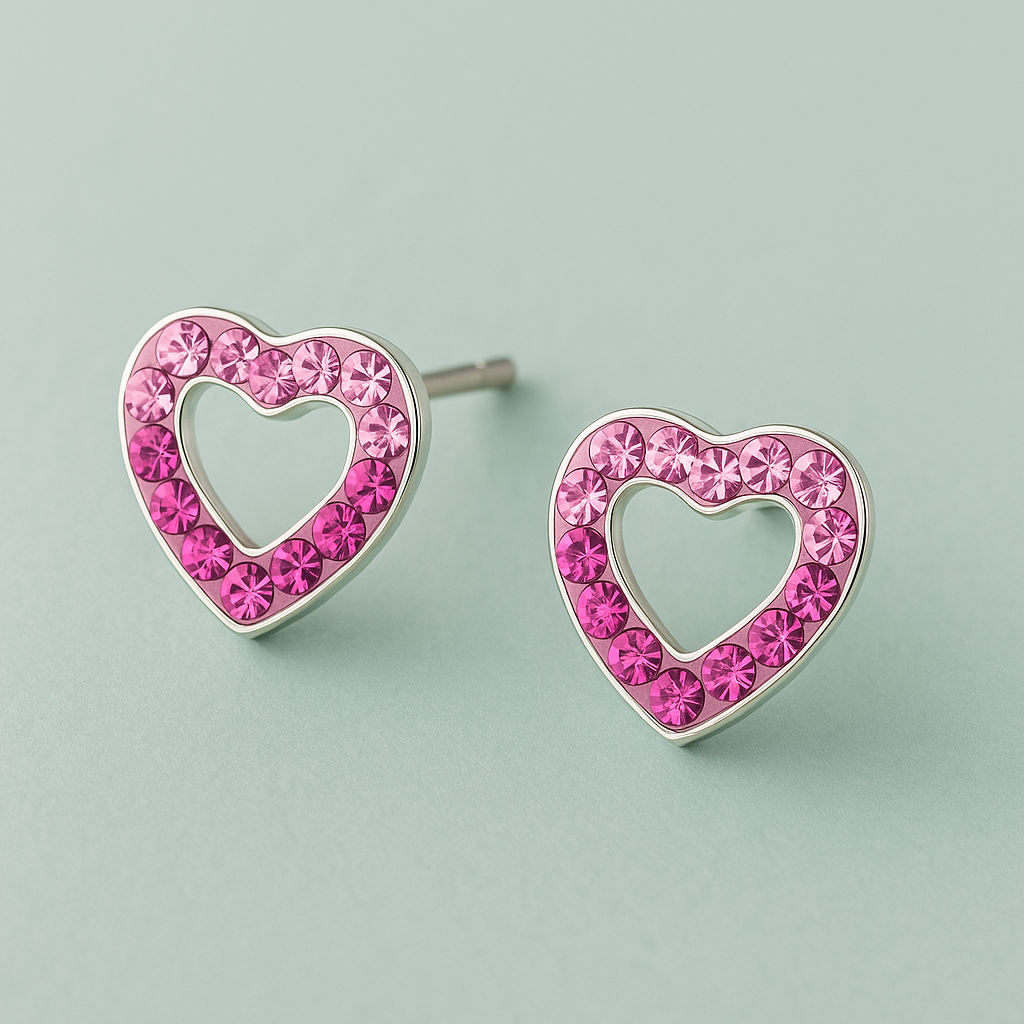 Pink Crystal Heart Stud Earrings | Sterling Silver