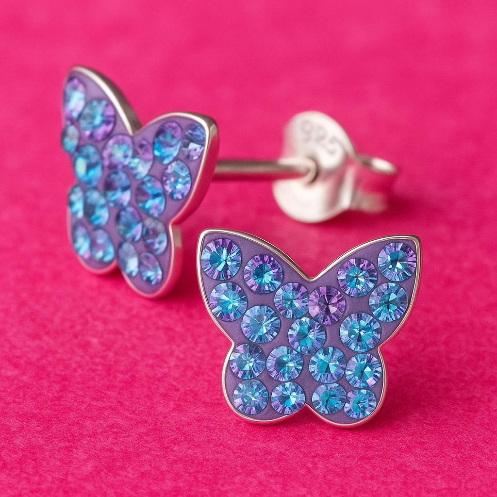 Dainty Purple Crystal Butterfly Stud Earrings | 925 Sterling Silver