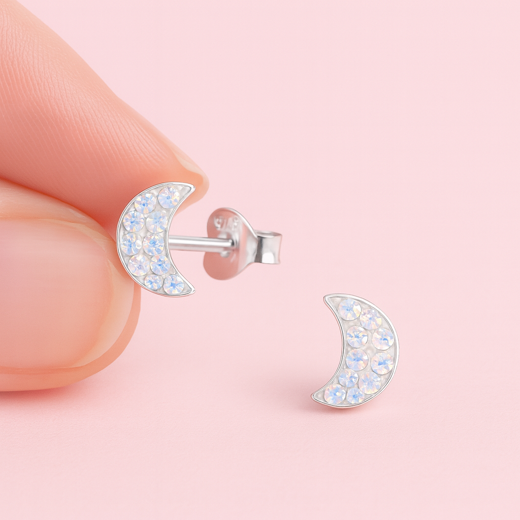 Opal Crescent Moon Stud Earrings | Sterling Silver