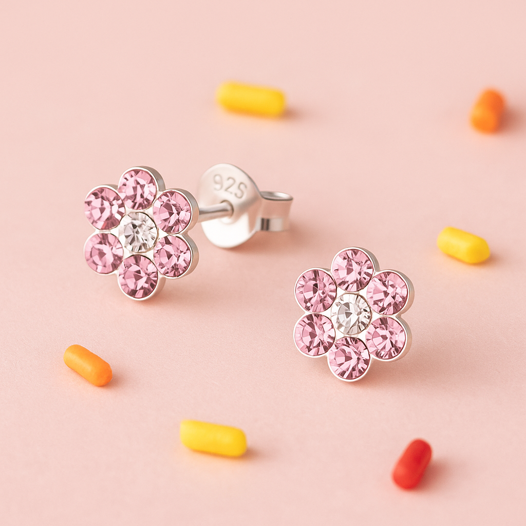 Flower Stud Earrings Pink Crystals & Pearl Center | Sterling Silver 6mm