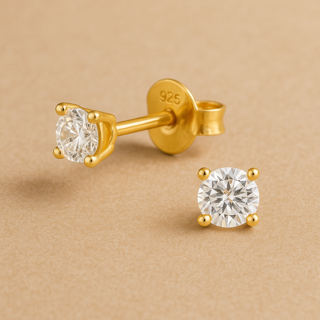 3mm Round Stud Earrings | Sterling Silver Zirconia 14k Gold Plated