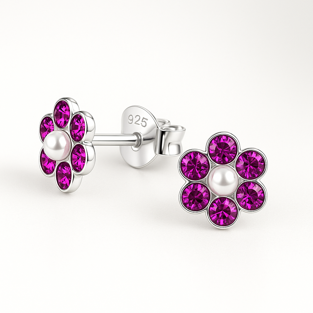 Flower Stud Earrings Purple Crystals & Pearl Center | Sterling Silver 6mm