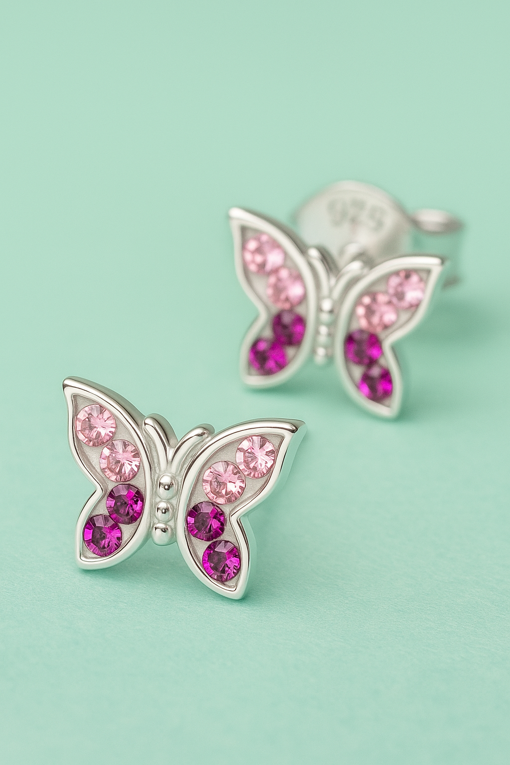 Pink Crystal Butterfly Stud Earrings | Sterling Silver