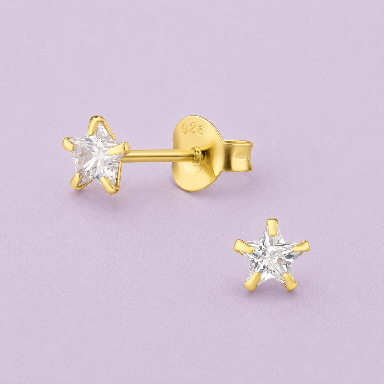 Star Stud Earrings | Sterling Silver 14k Gold Plated Zirconia 4mm