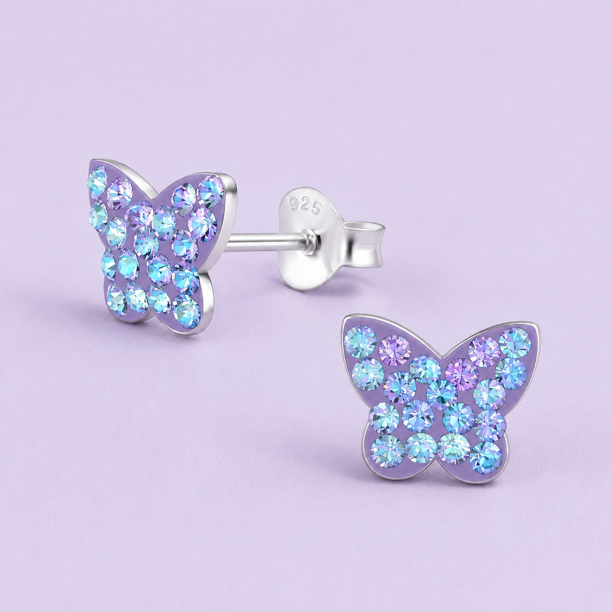 Dainty Purple Crystal Butterfly Stud Earrings: 925 Sterling Silver