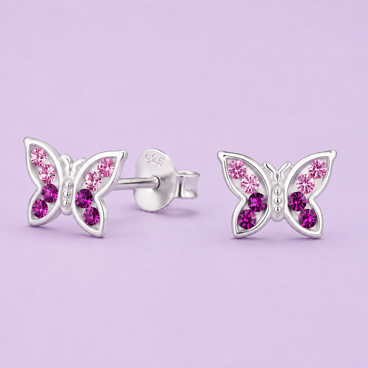 Sterling Silver Pink Crystal Butterfly Stud Earrings