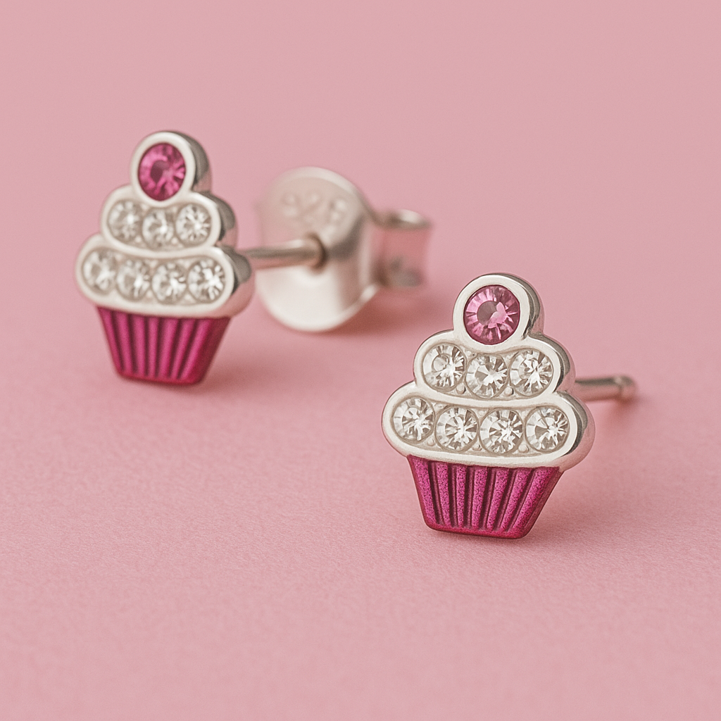 Pink Crystal Top Cupcake Stud Earrings | Sterling Silver