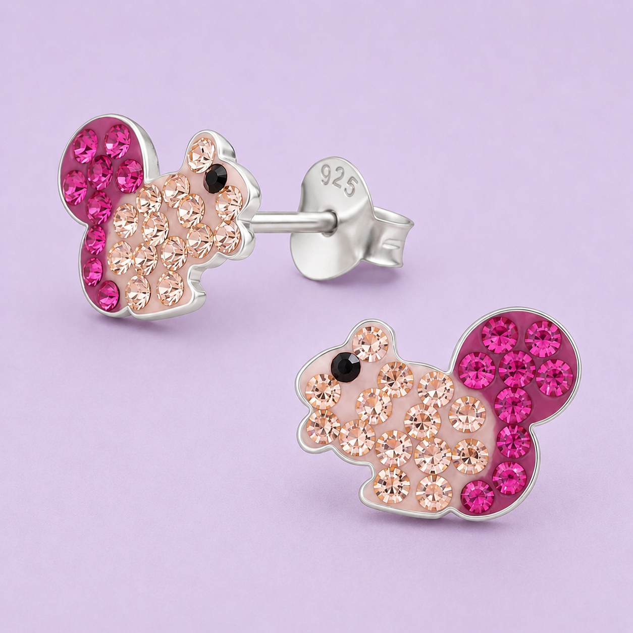 Sterling Silver Pink Crystal Squirrel Stud Earrings