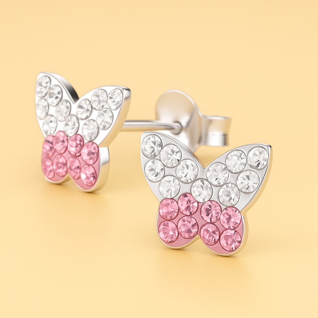 Pink & White Crystal Butterfly Stud Earrings | Sterling Silver