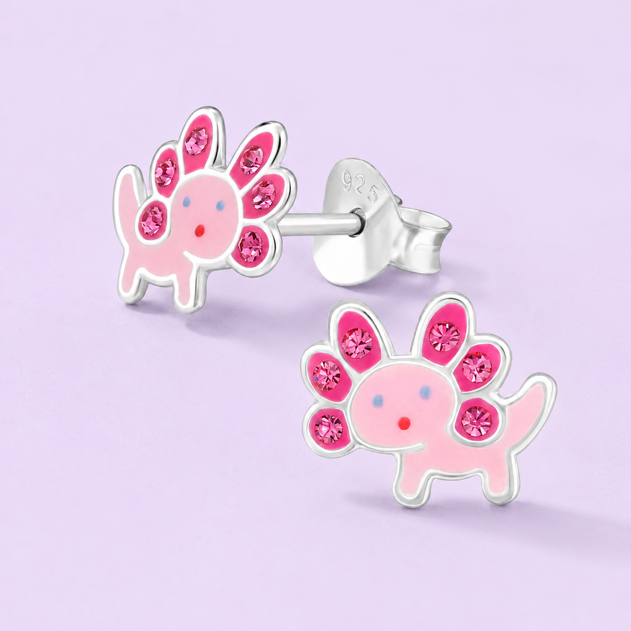 Pink cartoon-style animal earrings resembling a dog with a flower-shaped tail, decorated with pink rhinestones on a purple background.