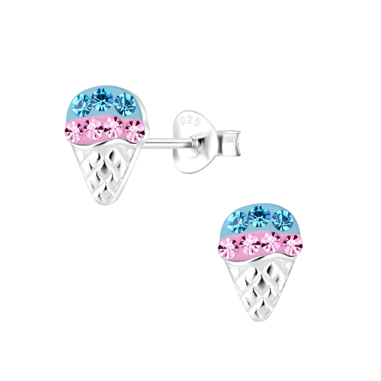 Pink & Blue Ice Cream Cone Studs Earrings | Sterling Silver Crystal