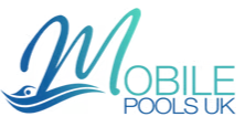 Logo for Mobile Pools UK with stylized waves and text.
