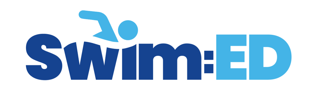 Logo with a stylized swimmer icon and the text 'swim:ED' in blue font.