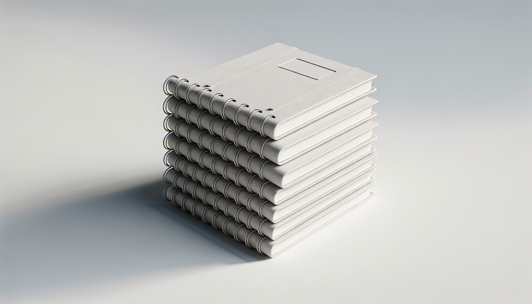 Stack of several white and gray spiral notebooks on a plain light background.