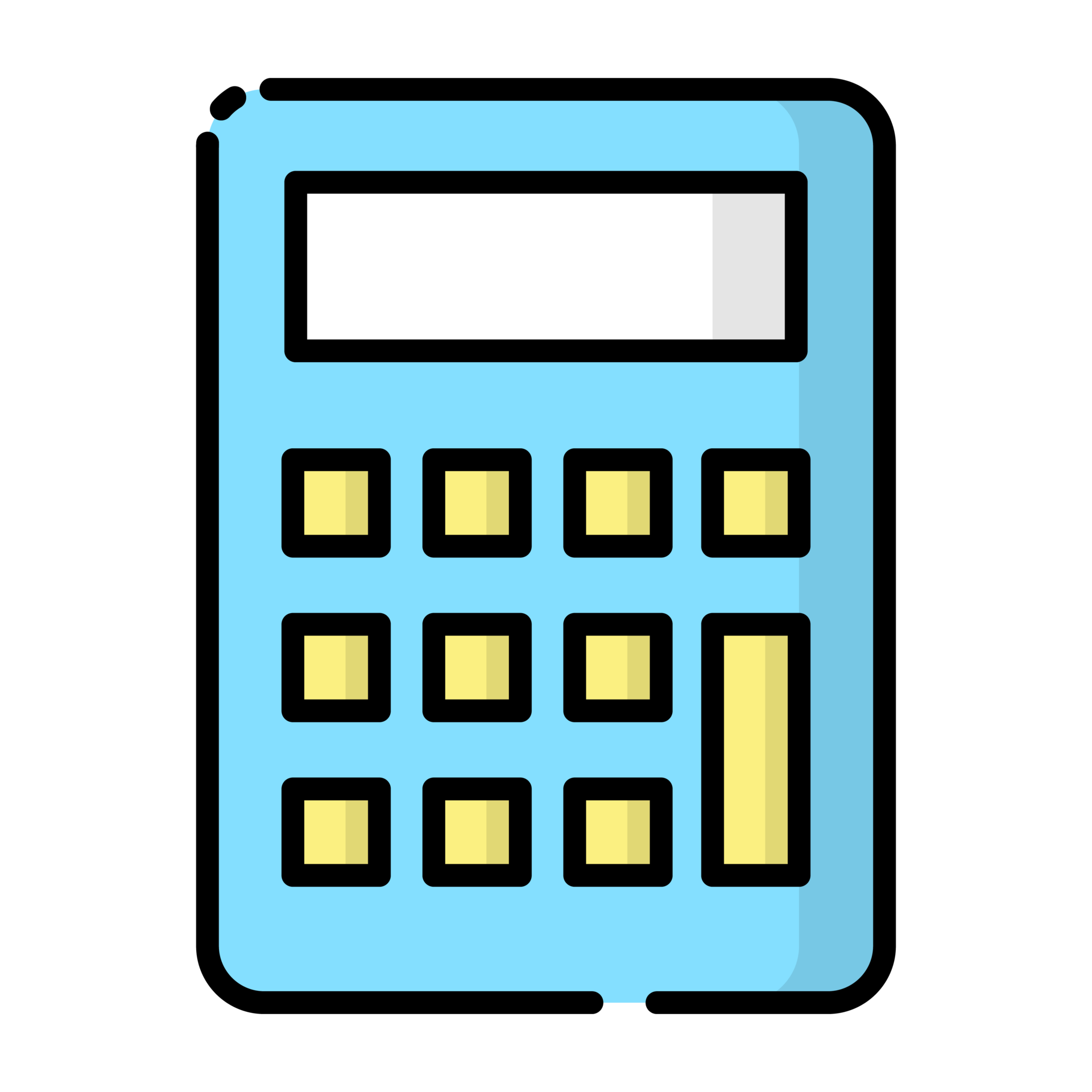 A digital calculator with a blue body, yellow buttons, and a black display on a black background.