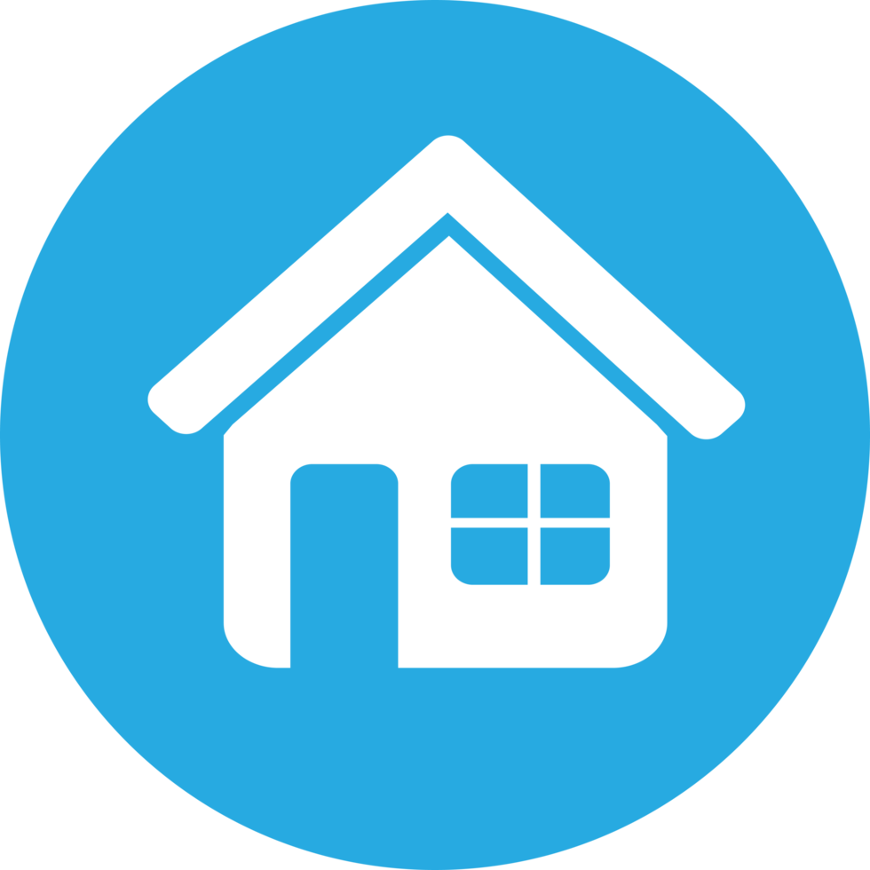 Icon of a house with a blue circular background.