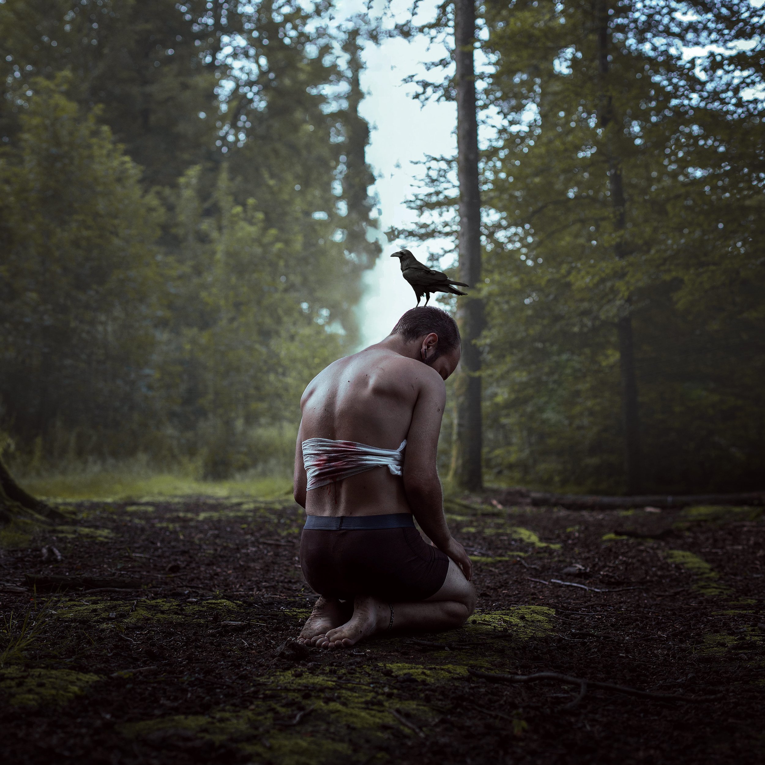 Ein nackt kniende Mann in einem Wald, mit einem verletzten Arm, auf dem eine Krähe sitzt.