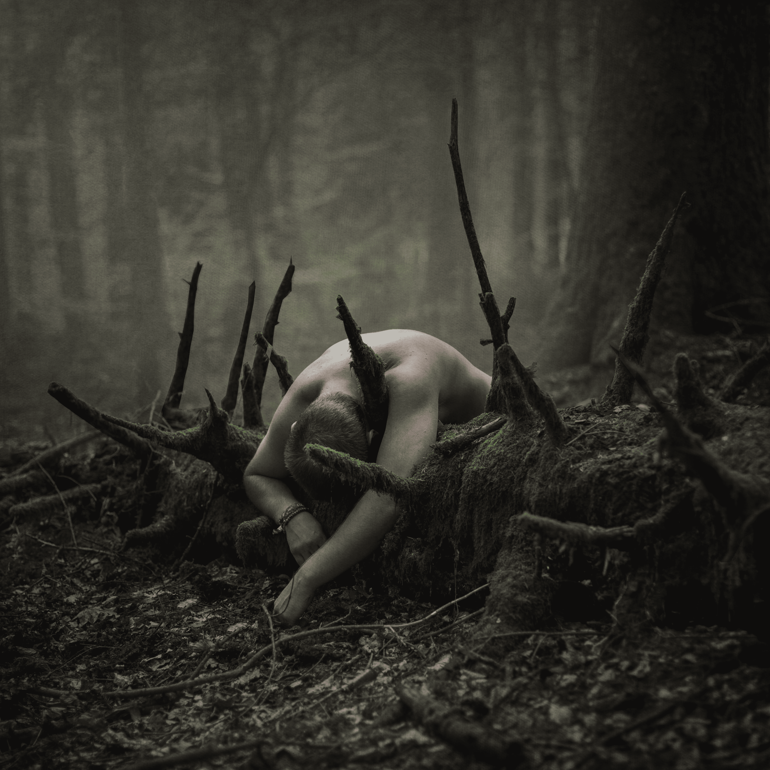 Ein nackter Mensch liegt gebeugt auf dem Boden eines dunklen, moosigen Waldes, umgeben von umgestürzten Ästen und Bäumen.
