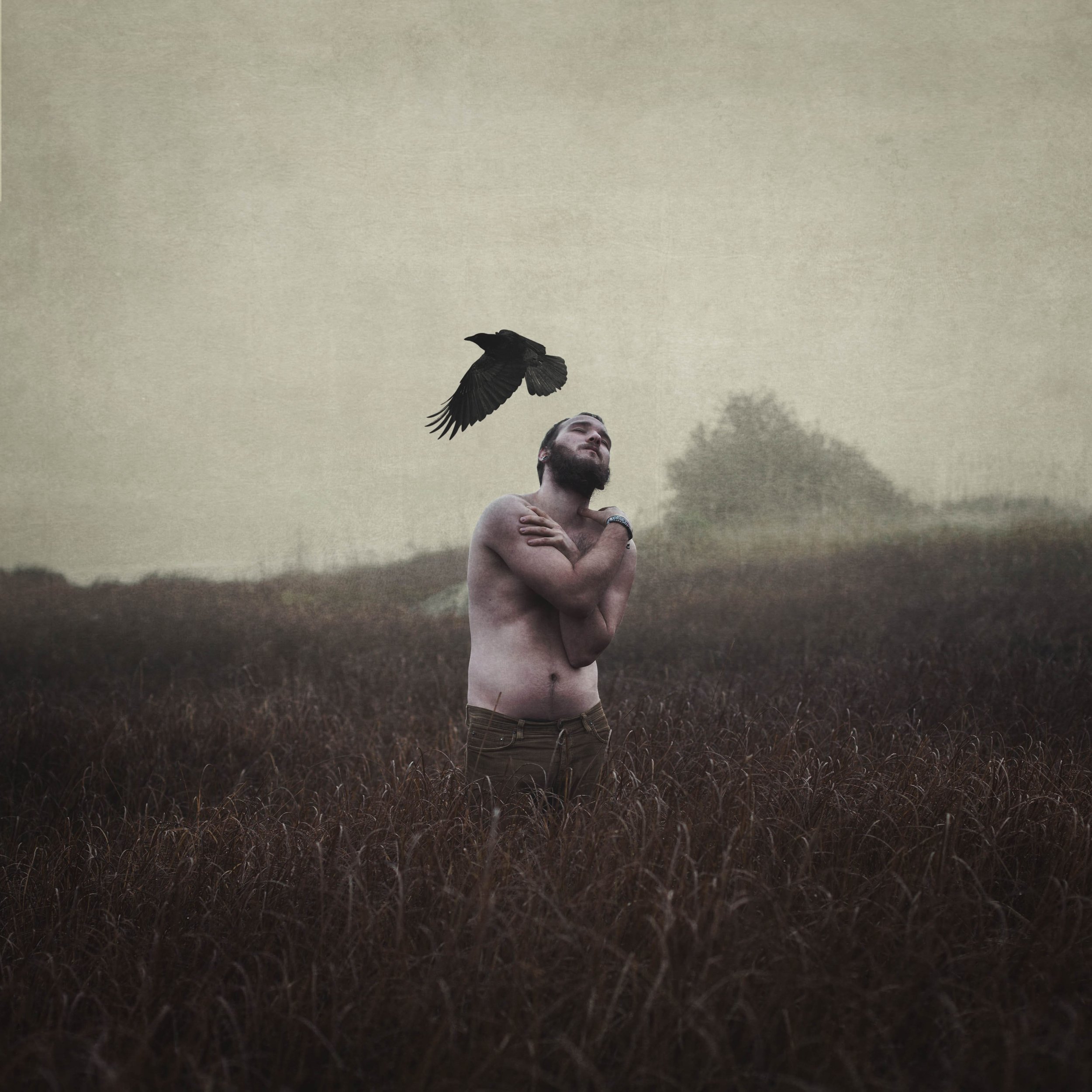 Ein nackter Mann steht in einem Feld mit hohen Gräsern, die Szene ist düster und neblig, ein schwarzer Vogel fliegt über ihm.