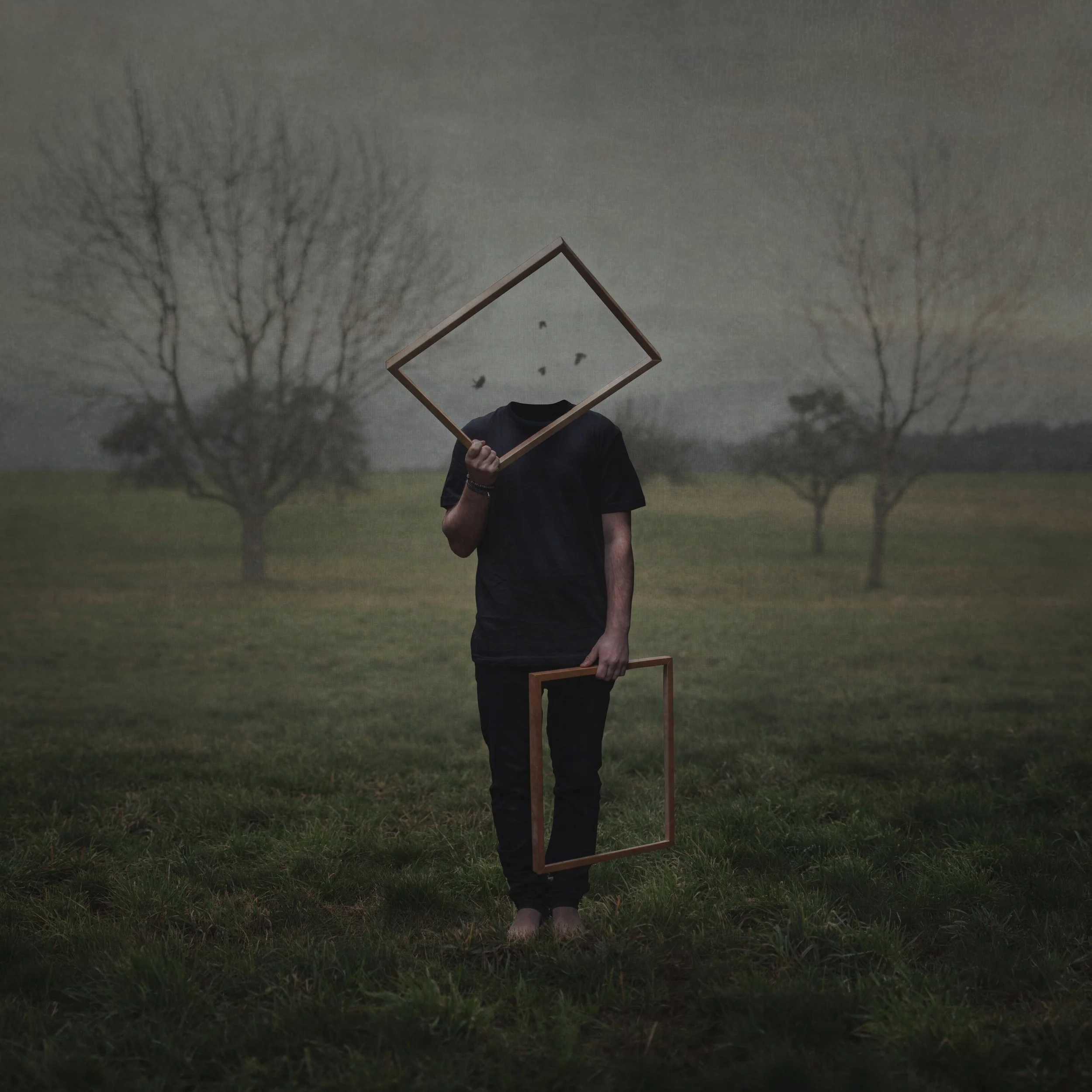 Eine Person steht barfuß in einem Feld, hält einen leeren Bilderrahmen vor das Gesicht und einen weiteren leeren Rahmen am Bein. Im Rahmen sind Vögel zu sehen, die in den Himmel fliegen.