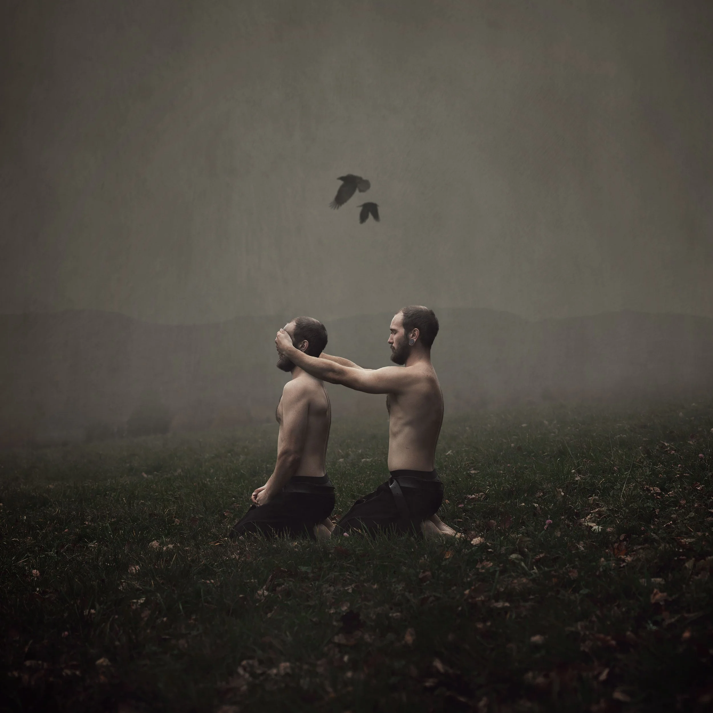 Zwei Männer ohne Hemd sitzen auf einem Grasfeld, einer legt den Arm um den anderen, während dieser die Augen bedeckt. Über ihnen fliegen zwei Vögel in den Himmel.