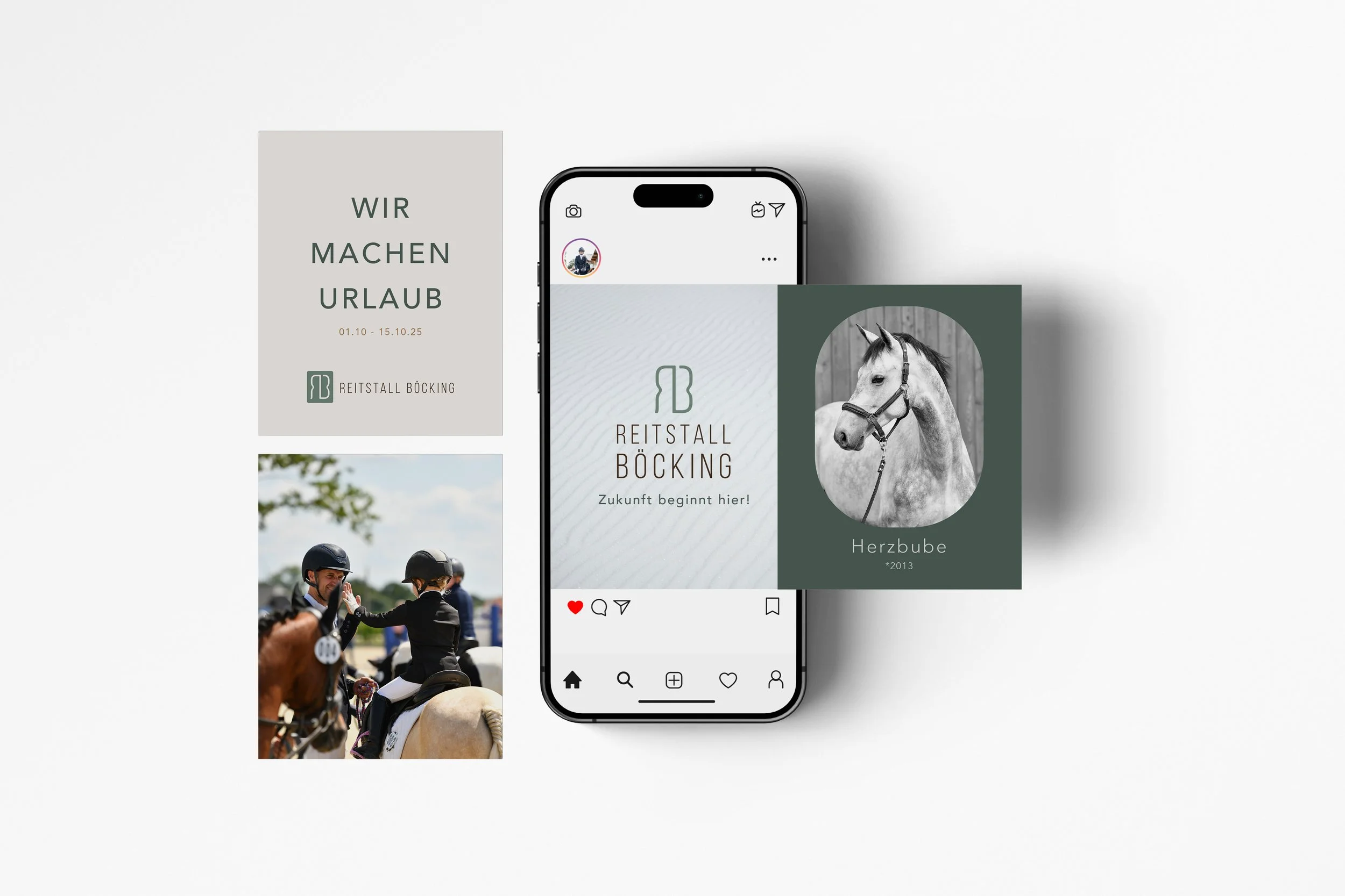 Social media promotional design for Reitstall Böcking, featuring event details, a photo of a riding competition, and images of a horse and rider.