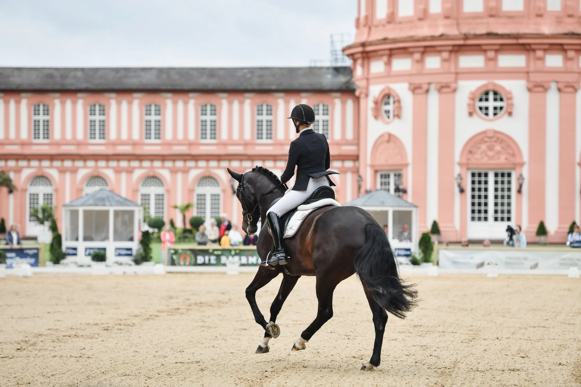 A female equestrian dressed in formal riding attire on a black horse at an outdoor arena with a pink and white historic building in the background.