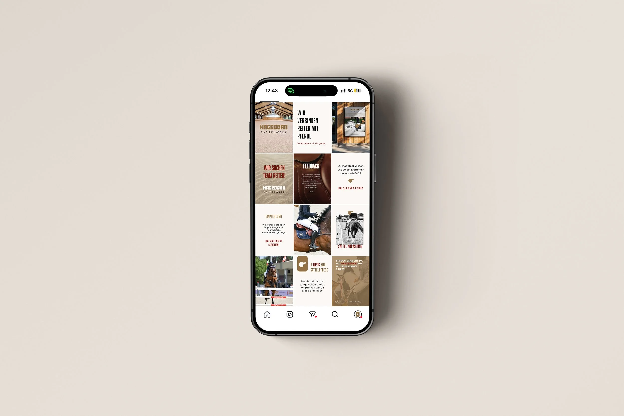 Smartphone displaying an Instagram profile page related to horse riding, with images and text in German.