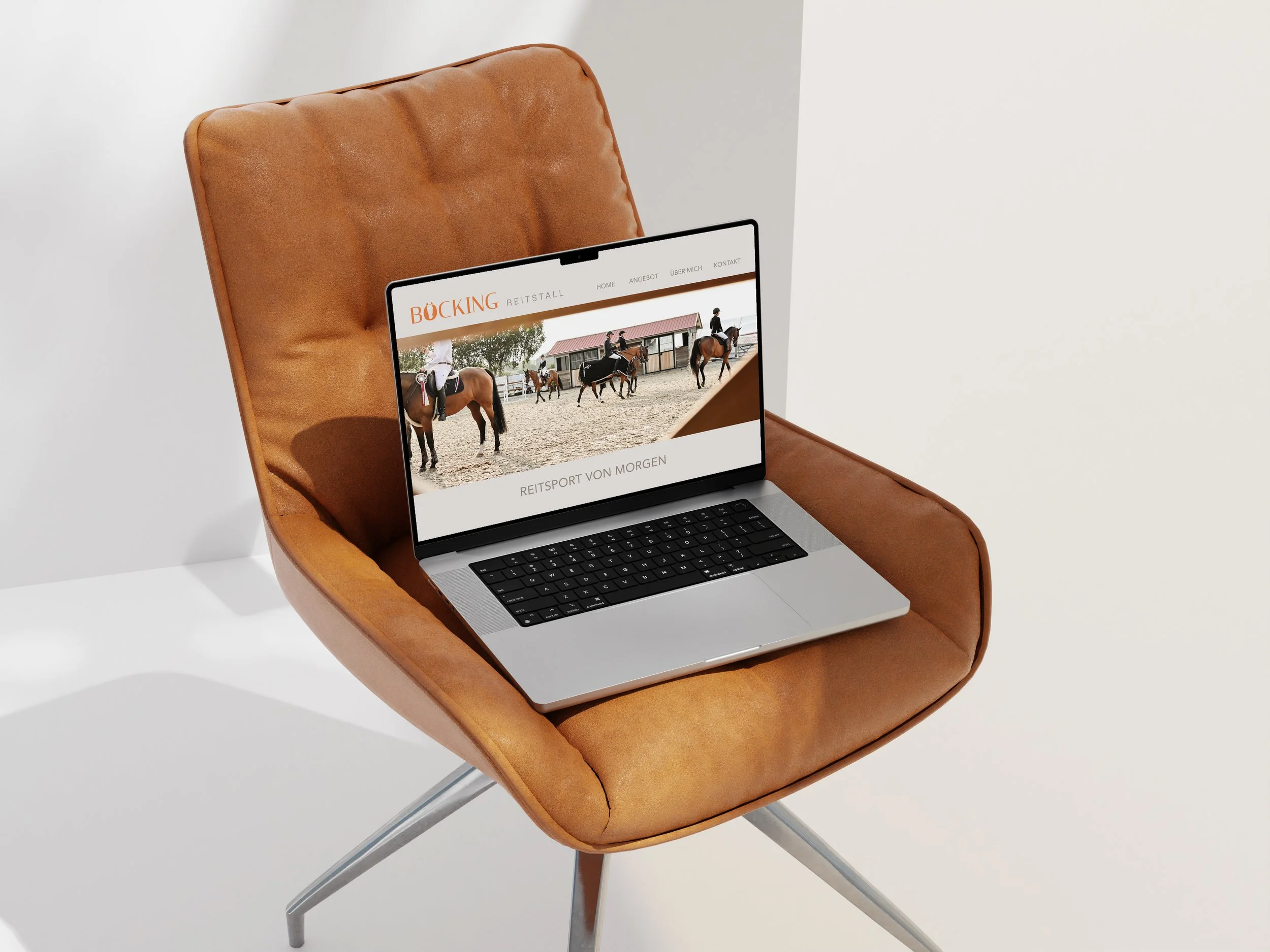Laptop displaying a website about horseback riding, placed on a tan leather chair with metal legs in a minimalist setting.