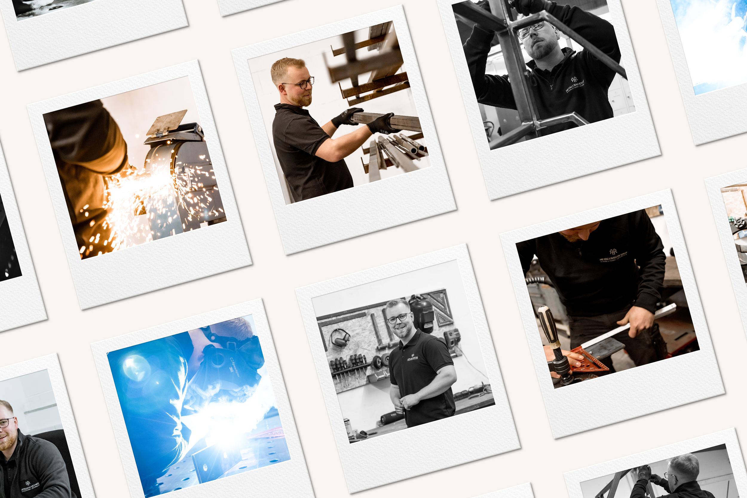 Collage of photos showing workers in a workshop engaged in welding, metal handling, and tools usage.