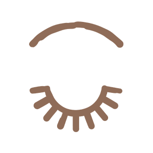 A simple line drawing of a closed eye with long eyelashes and arched eyebrow.
