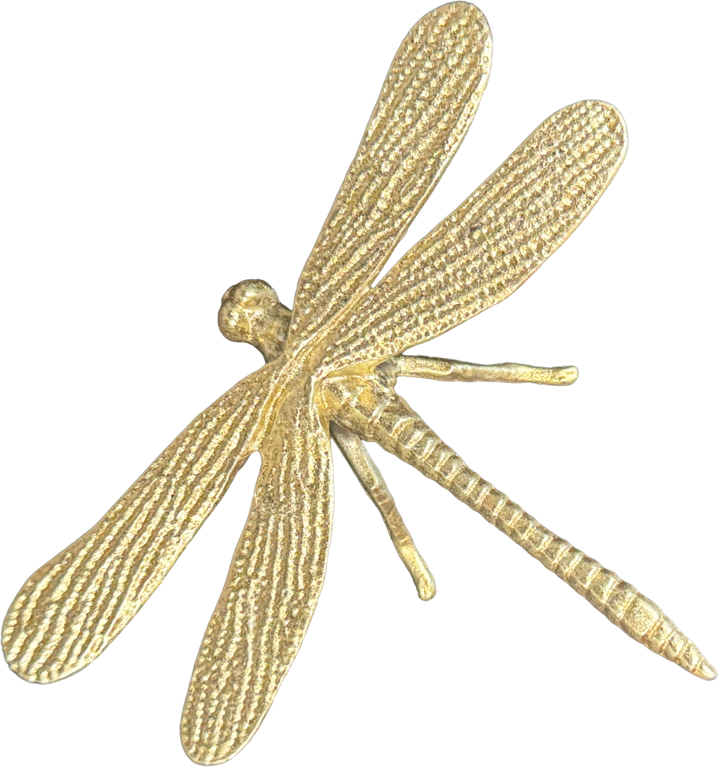 A gold-colored metallic dragonfly with textured wings and a detailed body.