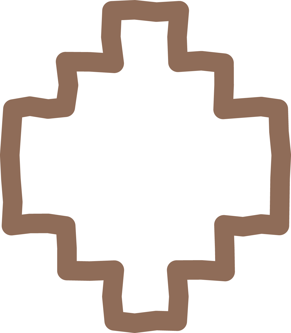 A brown outline of a cross-shaped medal or decoration with rounded edges.