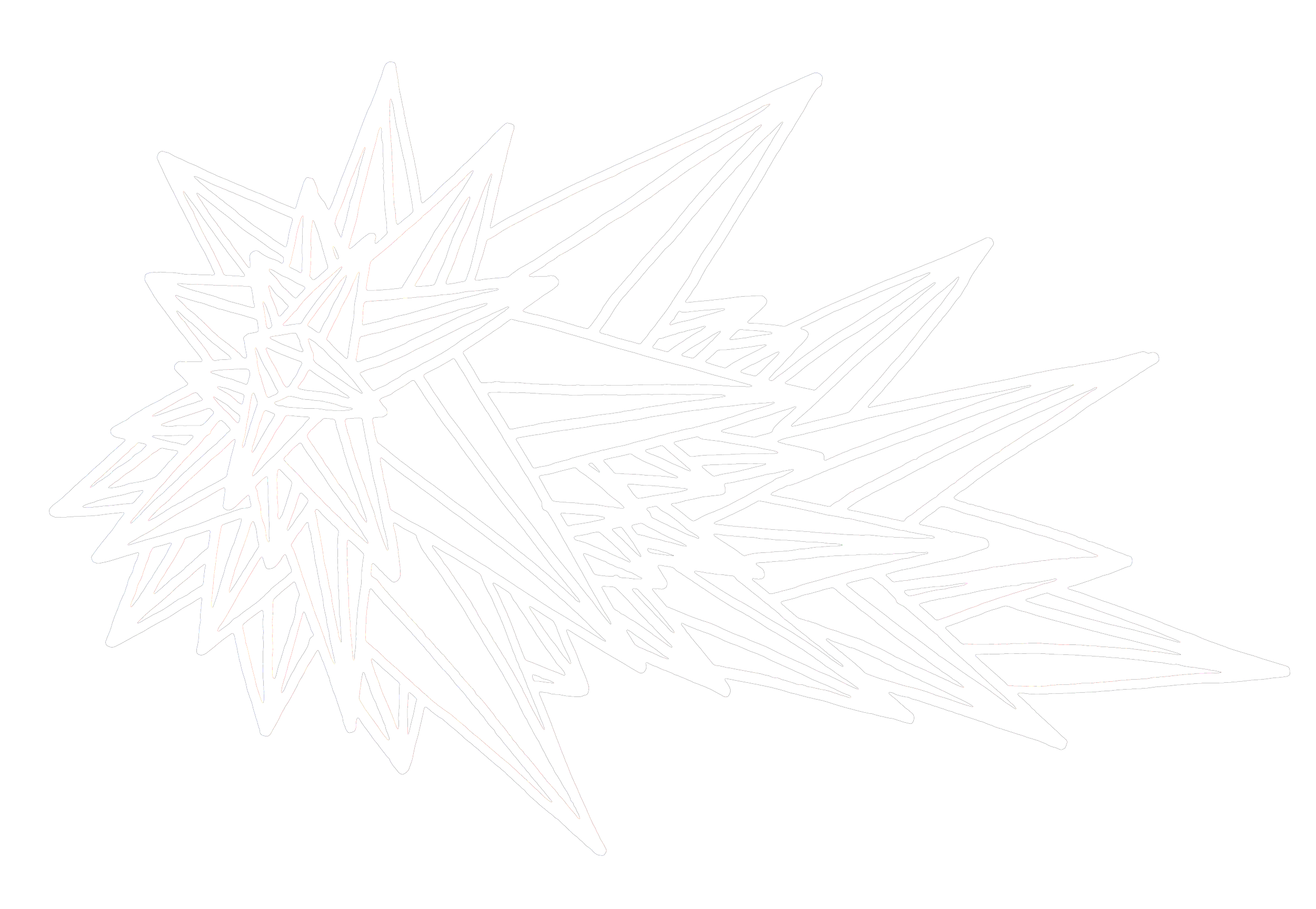A white geometric starburst design on a black background.