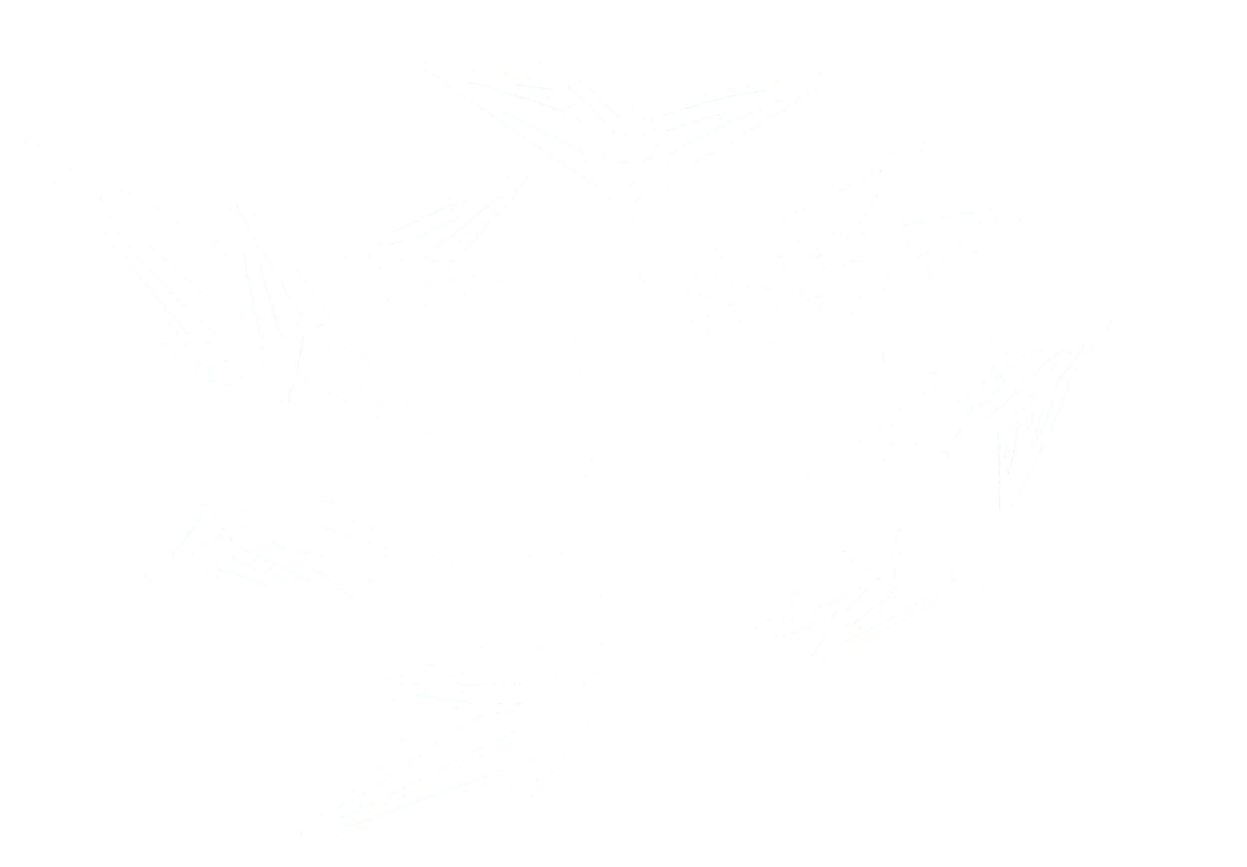 White geometric arrow shapes arranged in a circular pattern on a black background.