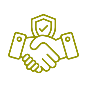 Icon of two shaking hands with a shield and checkmark above them, representing trust or security.