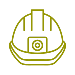 Line drawing of a construction helmet with a camera on the front, on a black background.
