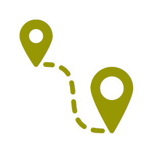 Icons of a route with two location pins connected by a dashed line in yellow/green on a black background