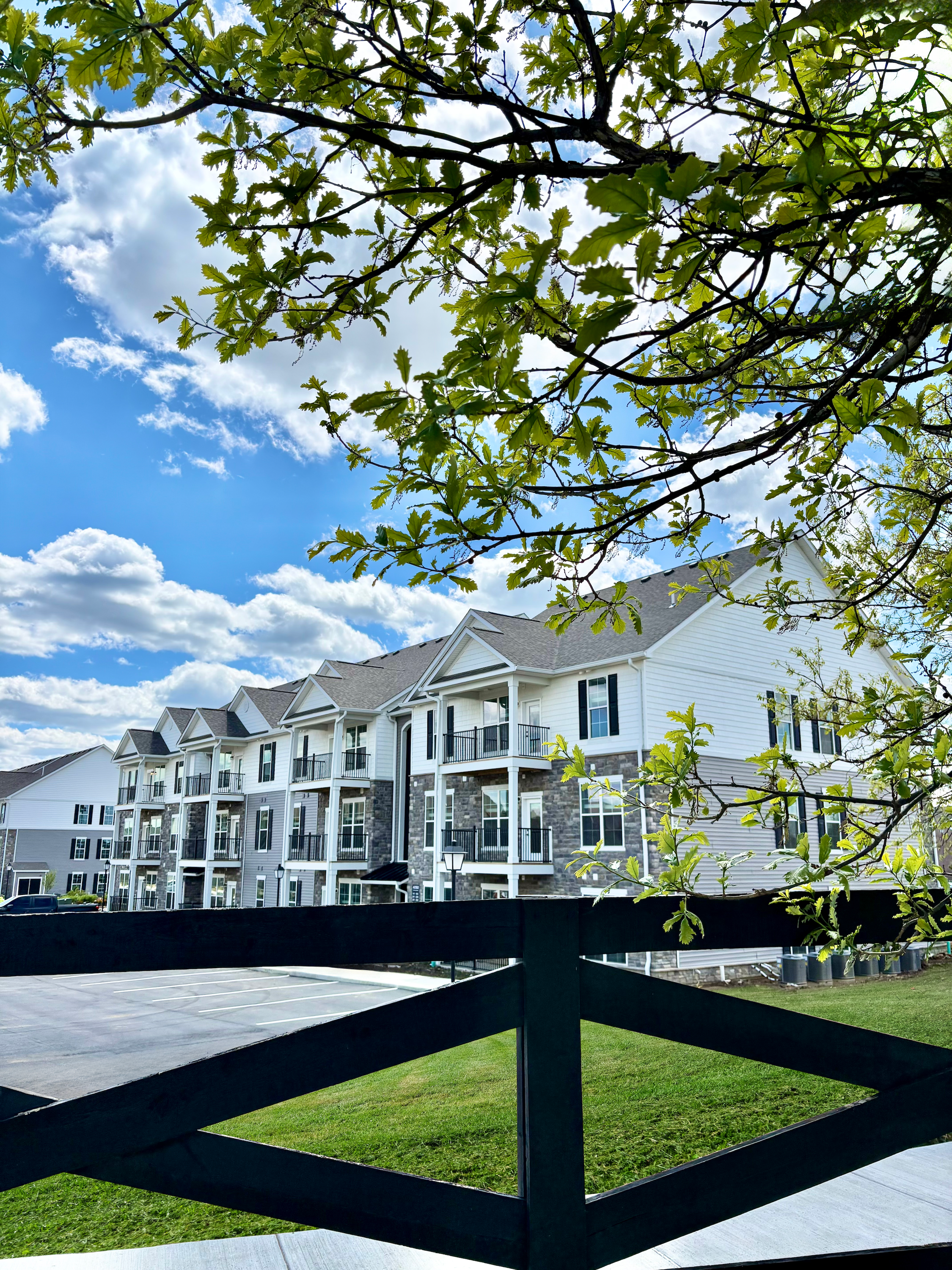 View of a multi-story residential building with white siding and balconies, seen through a black wooden fence with green leaves and a bright blue sky with white clouds.