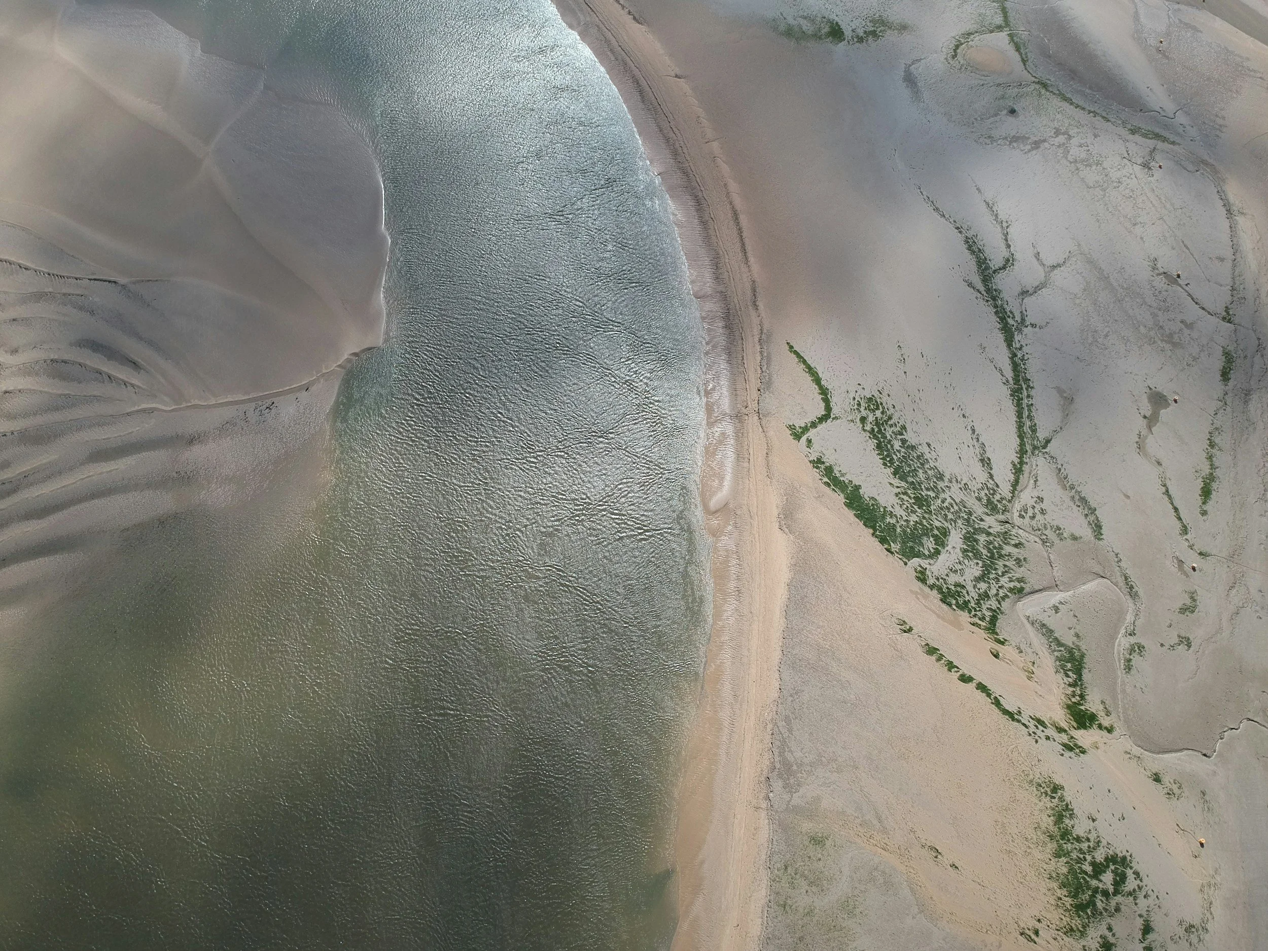 Aerial view of a sandy beach meeting a body of water with sand dunes and patches of green vegetation.